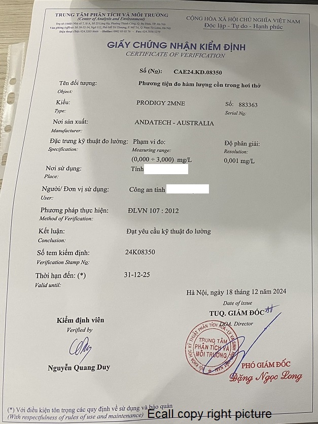 Giấy chứng nhận kiểm định máy đo nồng độ cồn